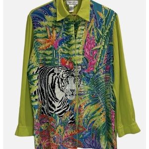Vintage Diane Gilman Silk Tiger Multicolor Sequin Button Up Longsleeve Blouse M
